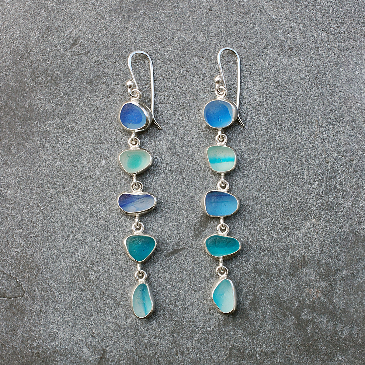 Reserved for B - Blue Multi Five Drop  Sea Glass Earrings