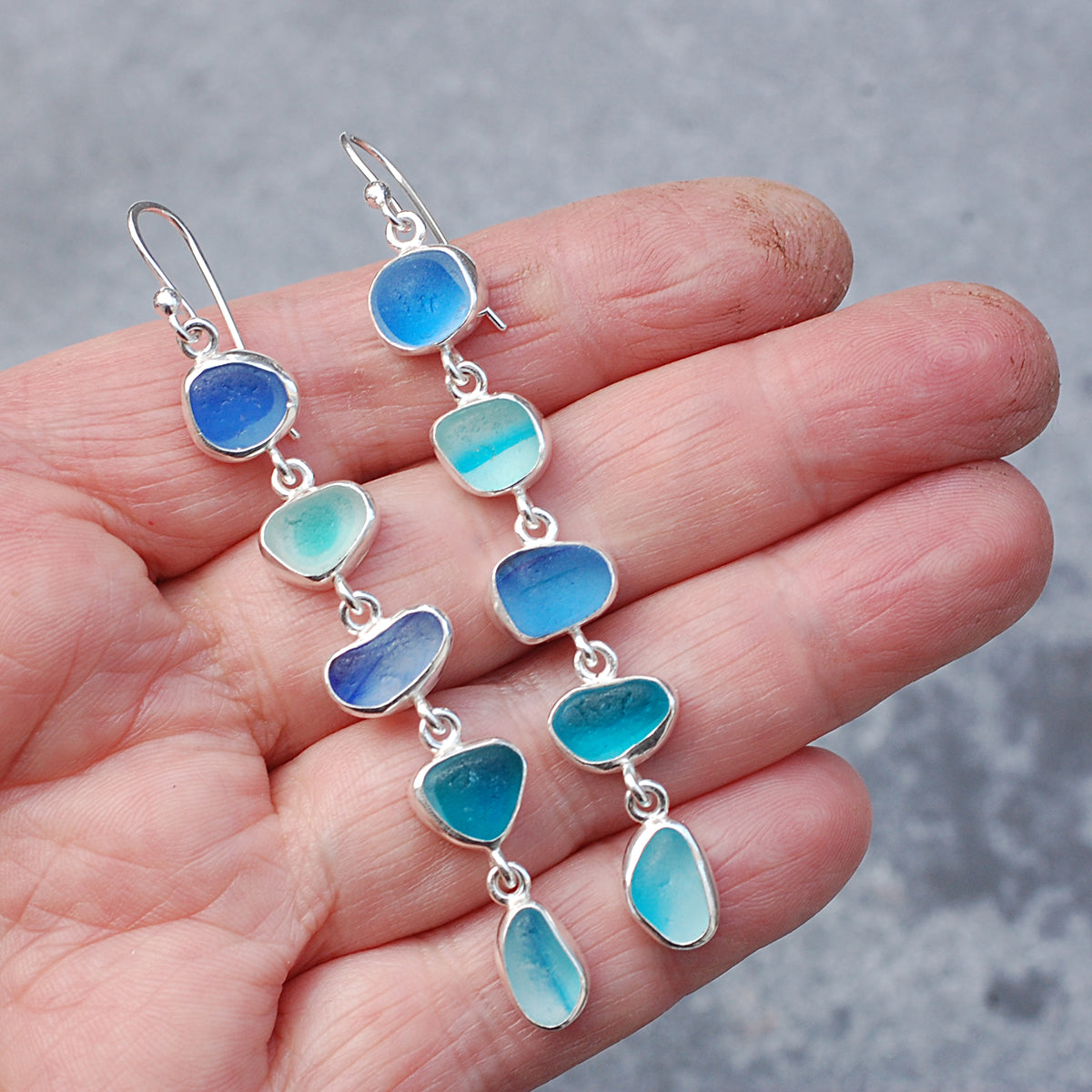 Reserved for B - Blue Multi Five Drop  Sea Glass Earrings