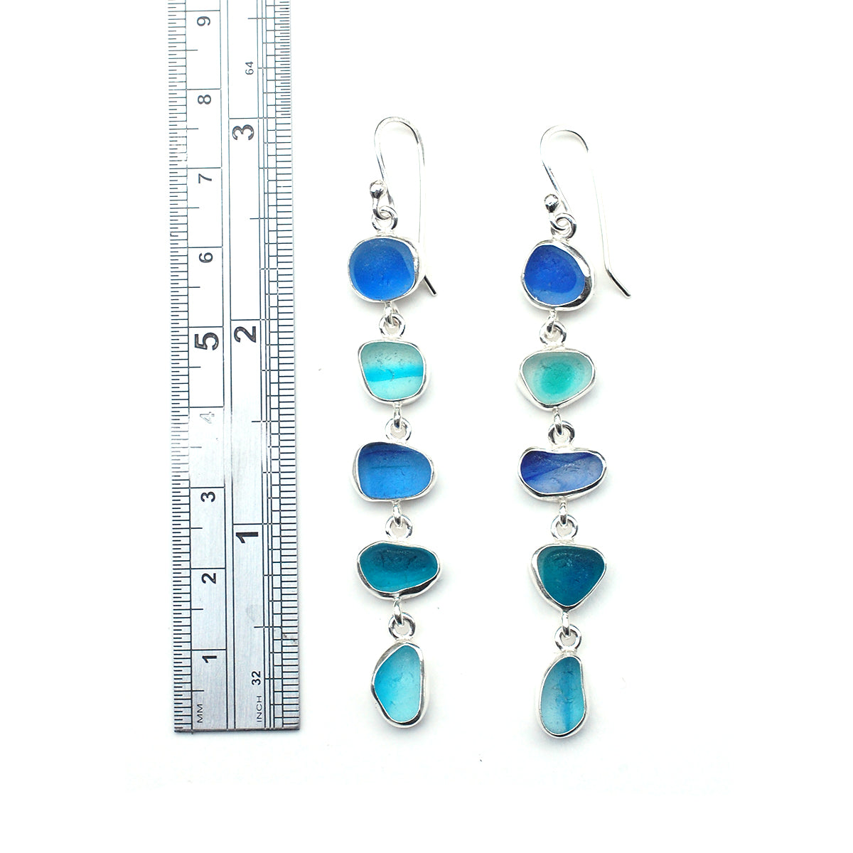 Reserved for B - Blue Multi Five Drop  Sea Glass Earrings