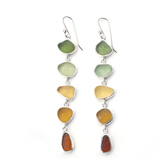 Five drop ombre sea glass earrings green to brown, on a white background.