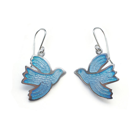 Pale Blue Enamel Bird Earrings with Etched Details