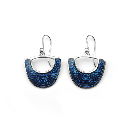 Midnight blue enamel on silver earrings, shield cutout shape, on a white background.