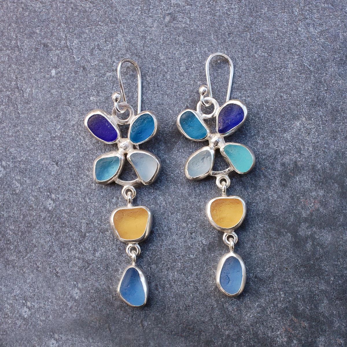 Blue and Yellow Sea Glass Flower Earrings