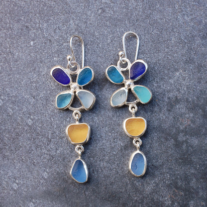 Blue and Yellow Sea Glass Flower Earrings