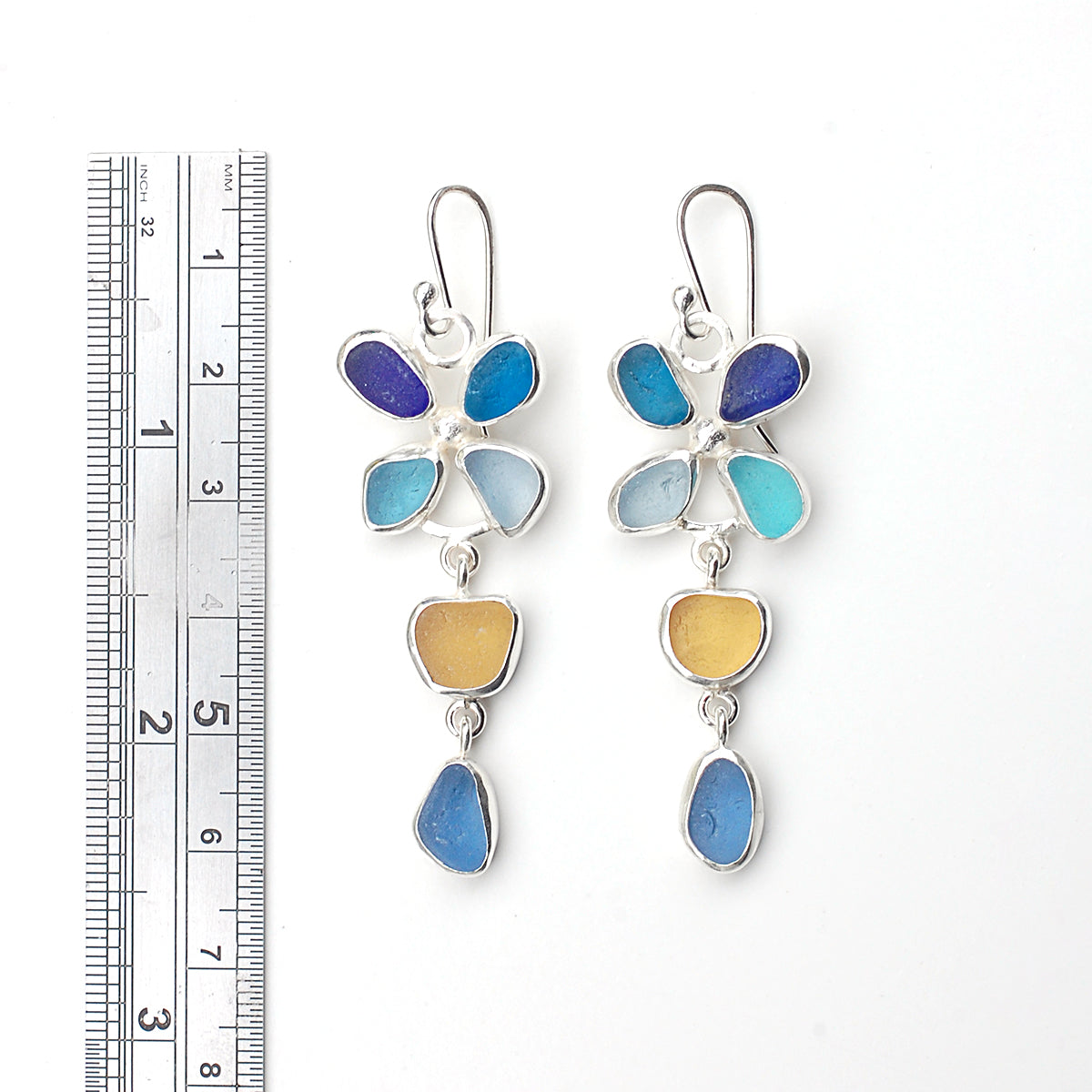 Blue and Yellow Sea Glass Flower Earrings