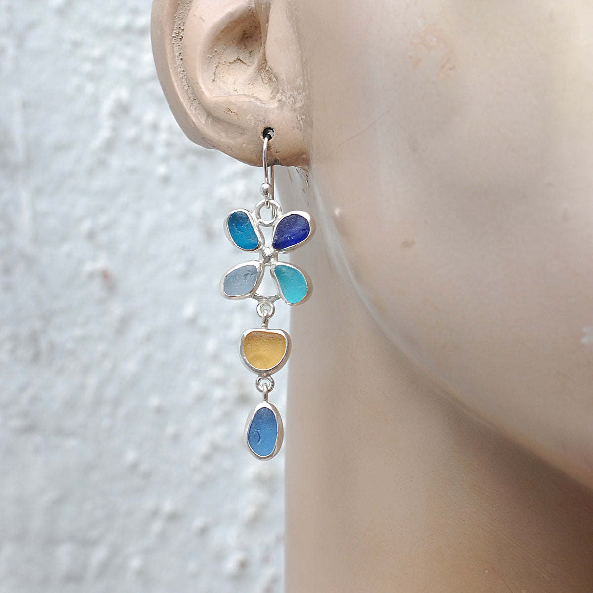 Blue and Yellow Sea Glass Flower Earrings