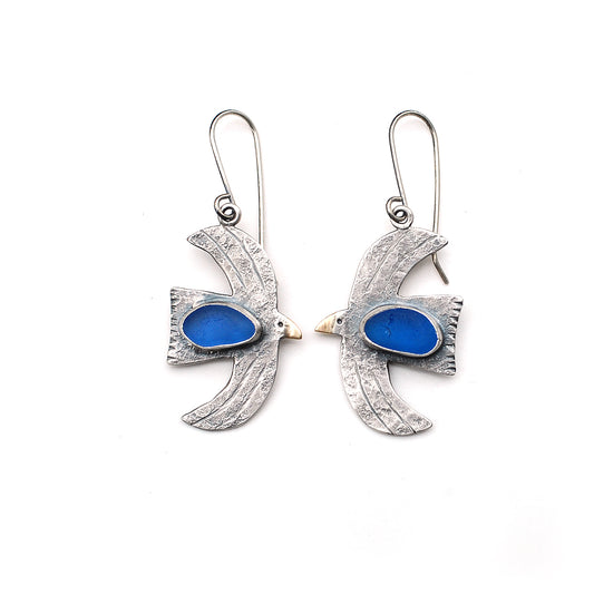 Rustic Blue Sea Glass Bird Earrings