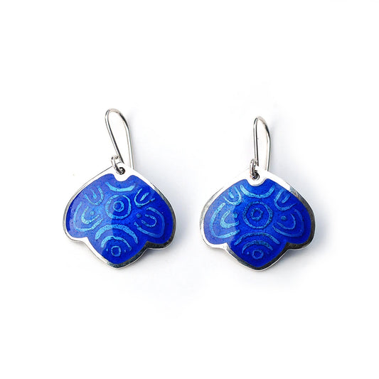 Blue leaf enamel earrings on a white background.