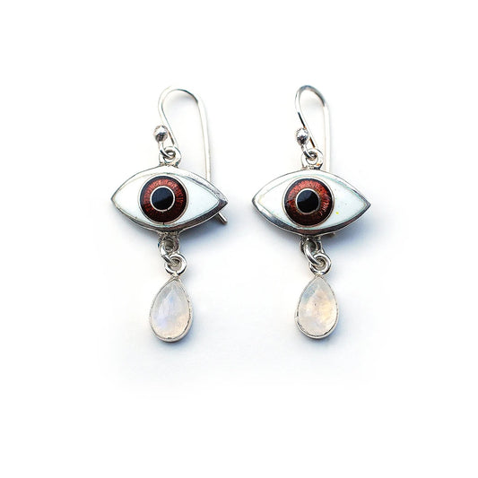 Brown Eyes Silver Enamel Cloisonne Earrings with Moonstones