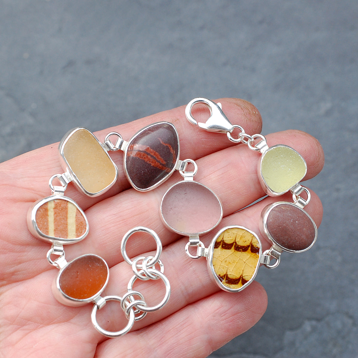 Adjustable Yellow Purple and Brown Sea Glass and Pottery Bracelet