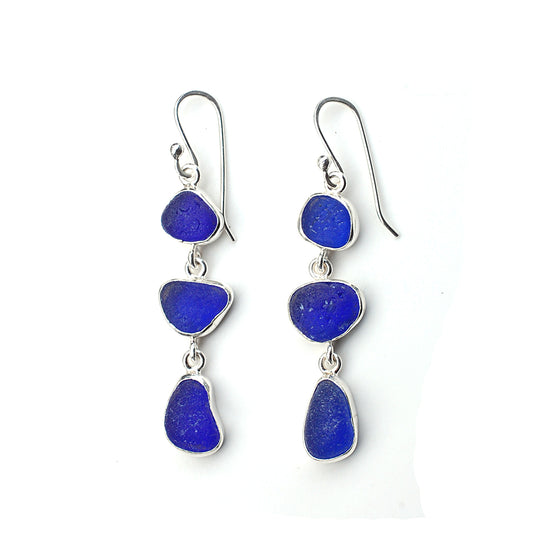 Sea Glass Three Drop Earrings in Cobalt Blue