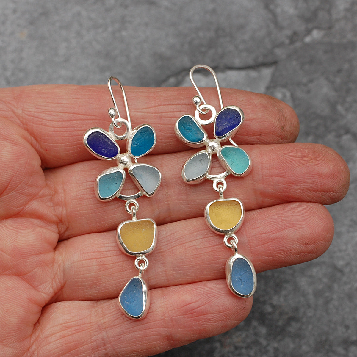 Blue and Yellow Sea Glass Flower Earrings