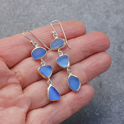 Sea Glass Three Drop Earrings in Cornflower Blue