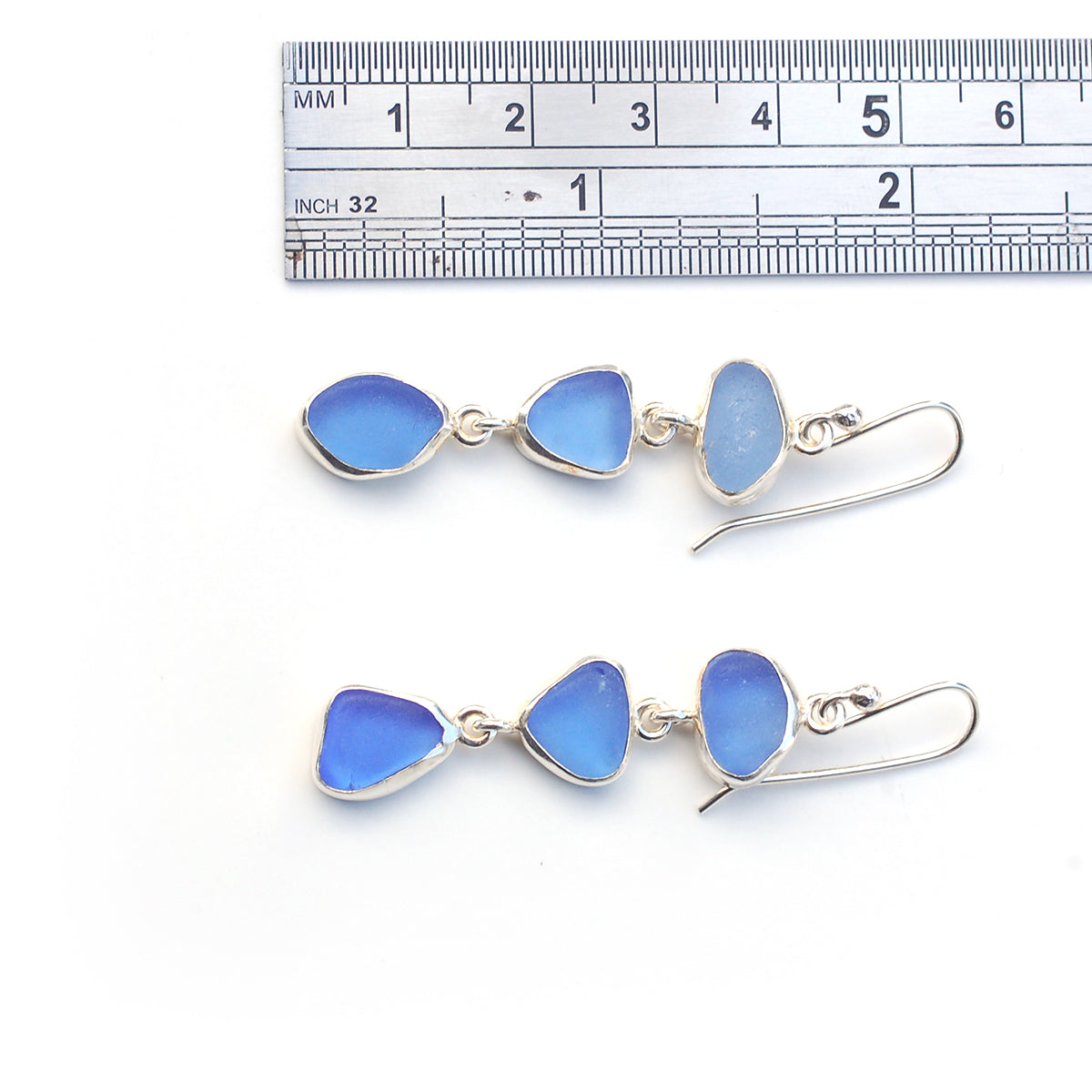 Sea Glass Three Drop Earrings in Cornflower Blue