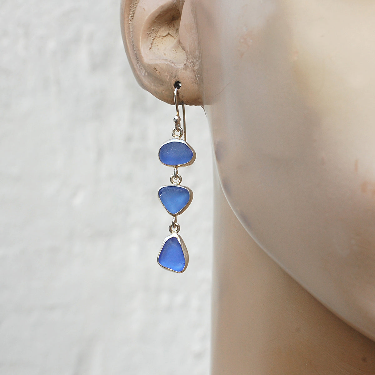 Sea Glass Three Drop Earrings in Cornflower Blue