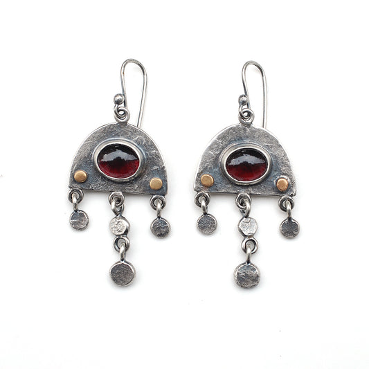 Rustic Shield earrings with Garnet Cabochons and Gold Dots