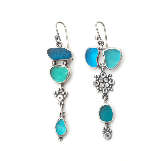 Rustic Mismatched Turquoise and Teal Sea Glass Earrings