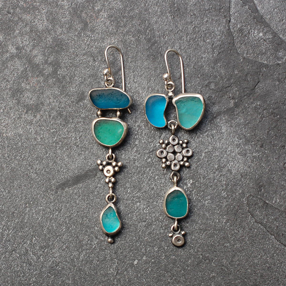 Rustic Mismatched Turquoise and Teal Sea Glass Earrings