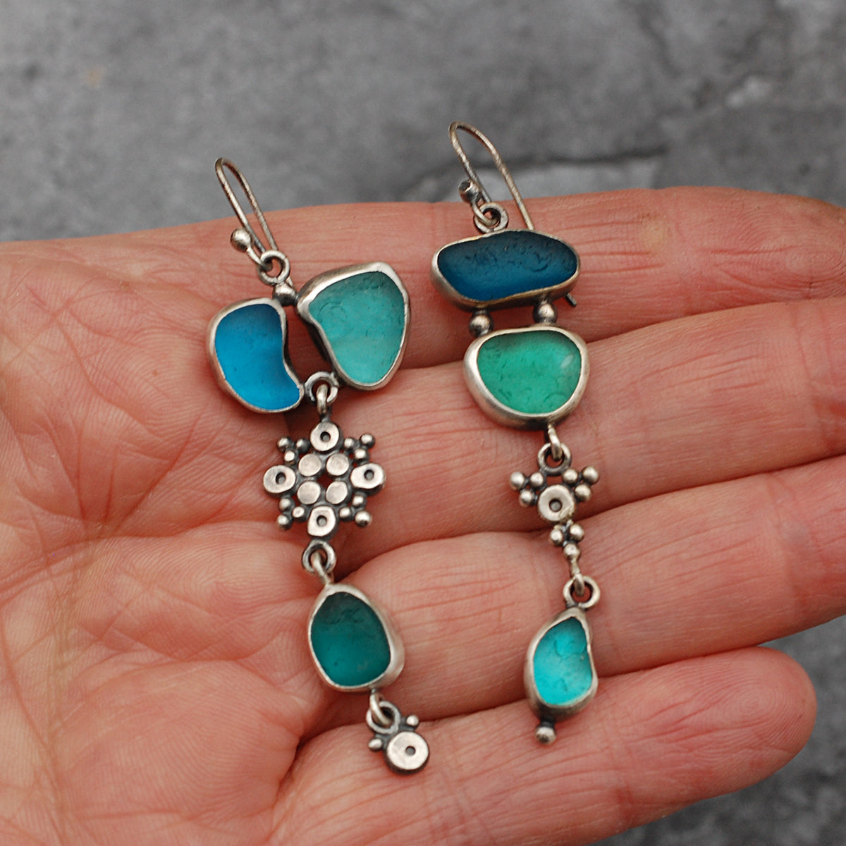 Rustic Mismatched Turquoise and Teal Sea Glass Earrings