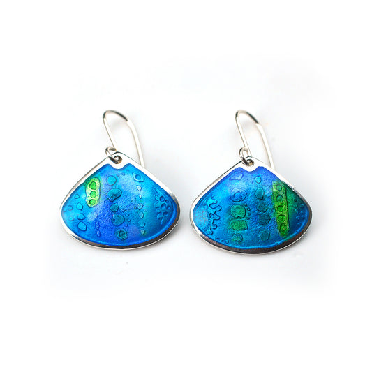 Onion shaped etched silver and enamel earrings in blues and greens, on a white background.