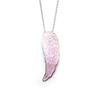 Silver and pink enamel angel wing pendant on a white background.