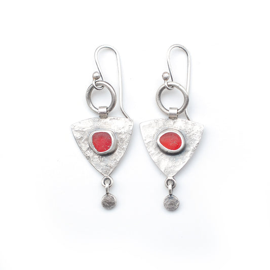 red sea glass shield earrings on a white background