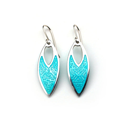 Turquoise Etched Enamelled Marquise Earrings on a white background.