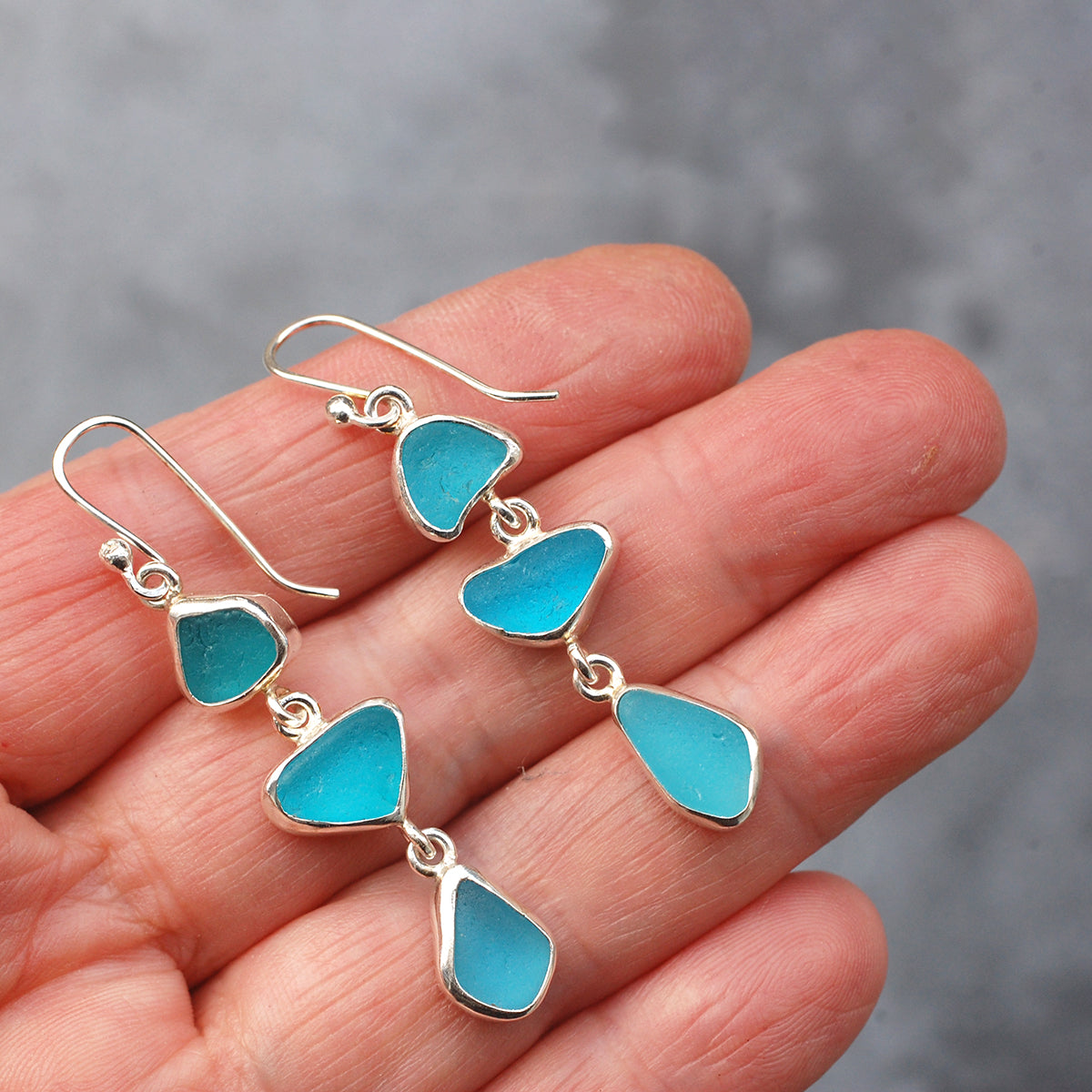 Sea Glass Three Drop Earrings in Turquoise