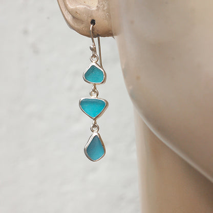 Sea Glass Three Drop Earrings in Turquoise