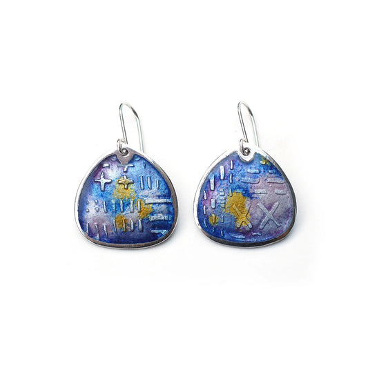 Fat teardrop shaped enamel earrings, etched silver, shades of purple and yellow. On a white background.